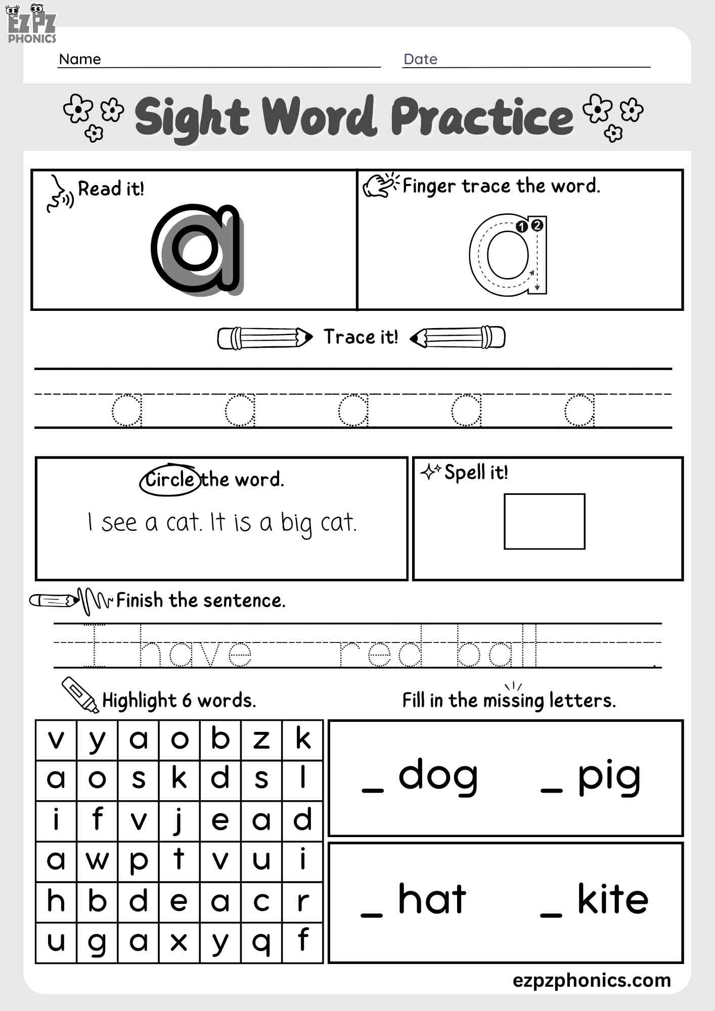 The Word "A" Dolch Sight Word Worksheet Activity for pre-kindergarten and kindergarten students 